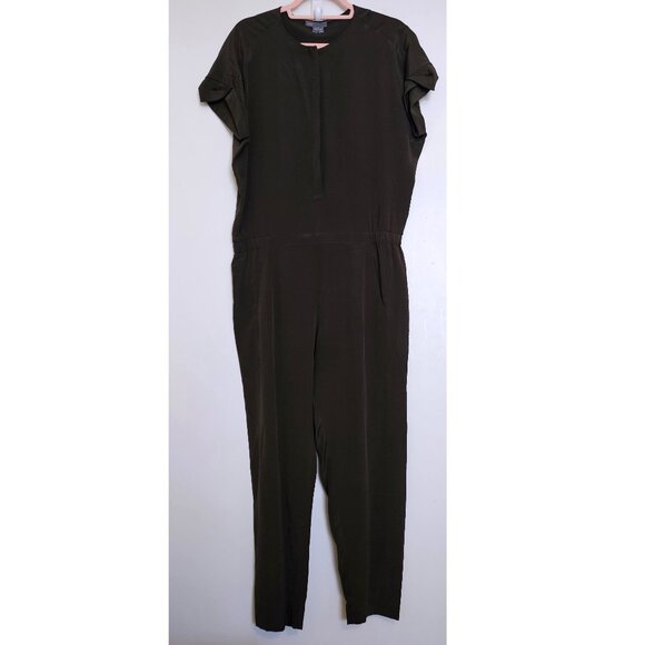 Vince 100% Silk Short Sleeve Jumpsuit, 10, Olive Hunter Green - Picture 2 of 13